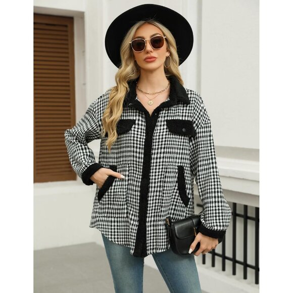 Womens Flannel Jacket Sherpa Trim Plaid Fleece Shacket Winter Coat S-XXL - Picture 3 of 4